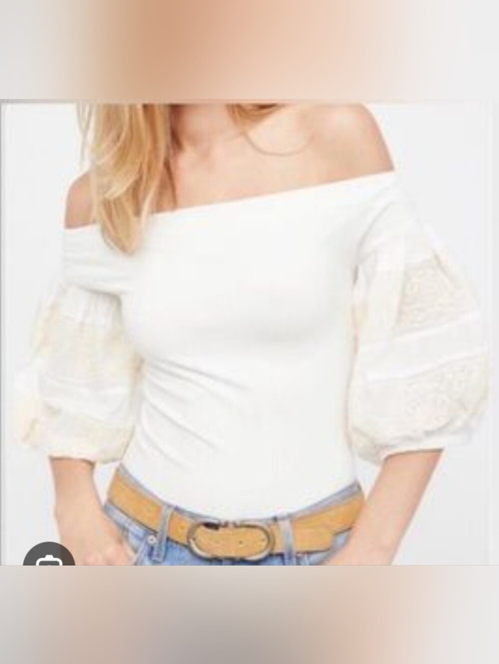 Free People Cream Off-Shoulder Lace Puff Sleeve Top